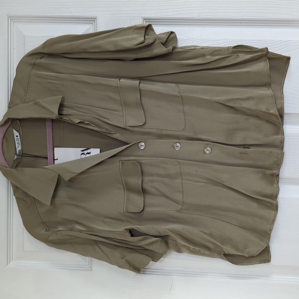 Zara short sleeve silky Olive top - Picture 2 of 4